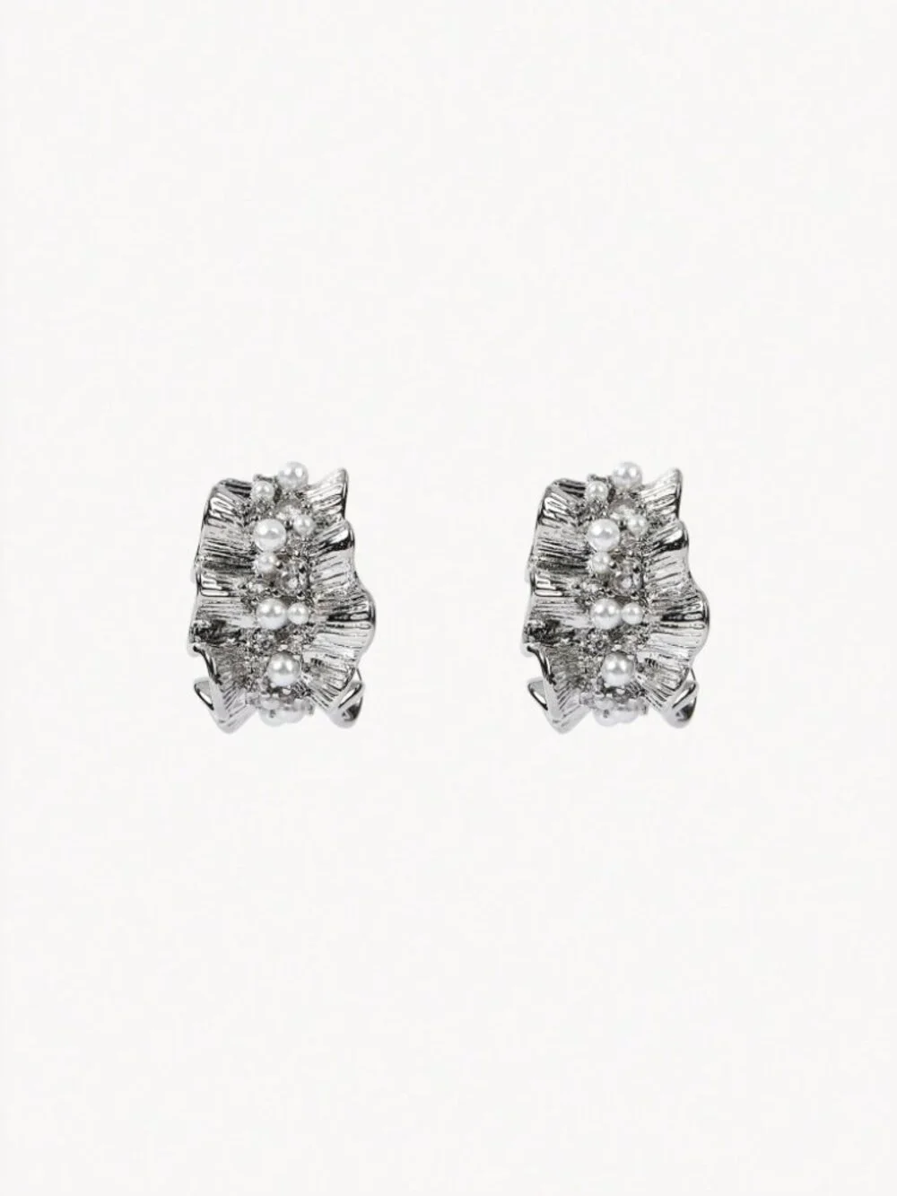 Silver Textured Wave Pearl Cluster Earrings